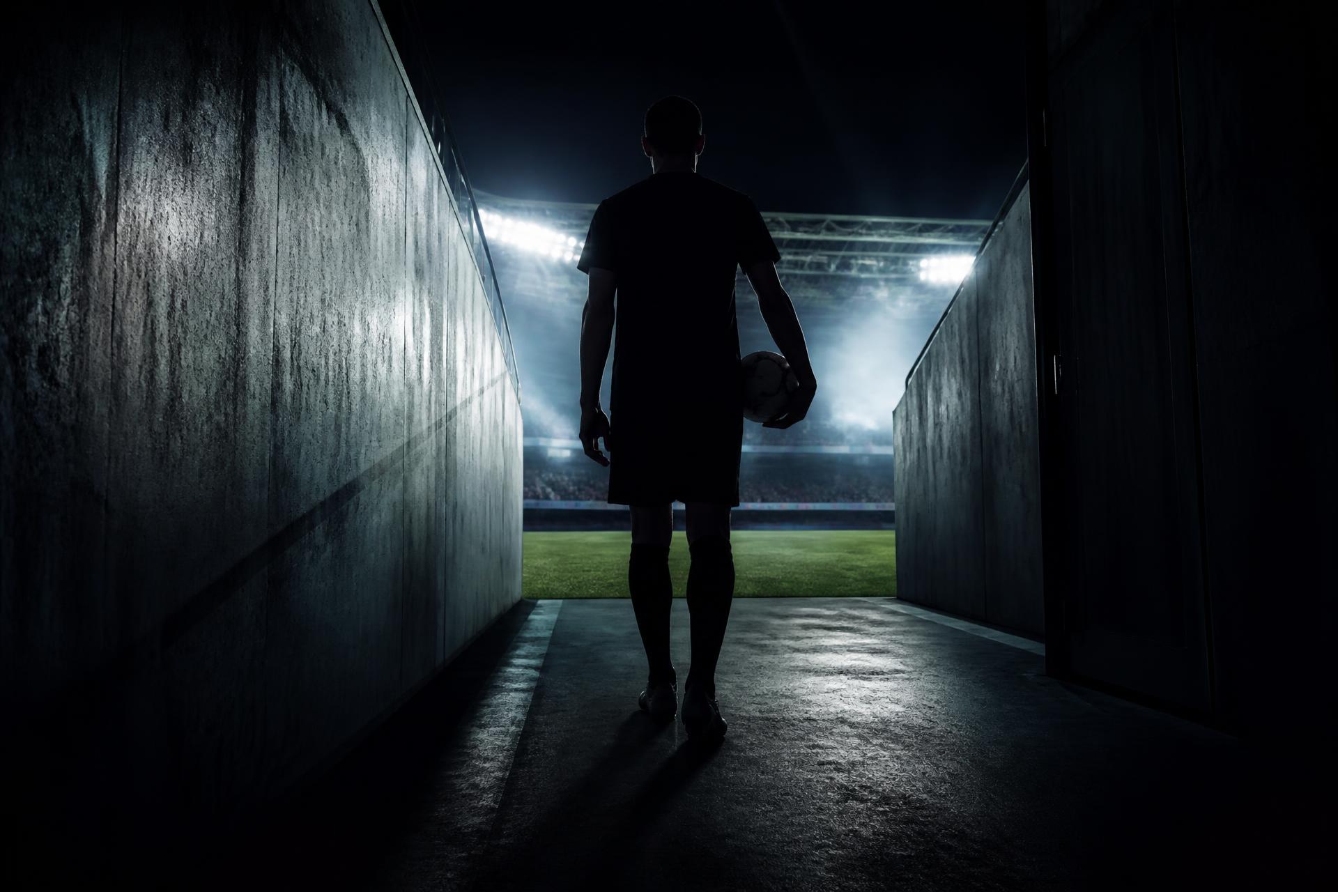 Footballer walking out of the stadium tunnel into the floodlights